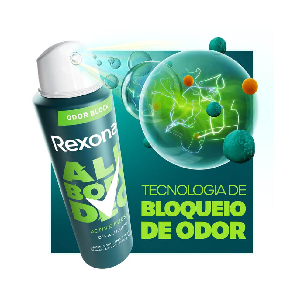 Desodorante Rexona All Body Deo Active Fresh 150ml com destaque para tecnologia de bloqueio de odor.